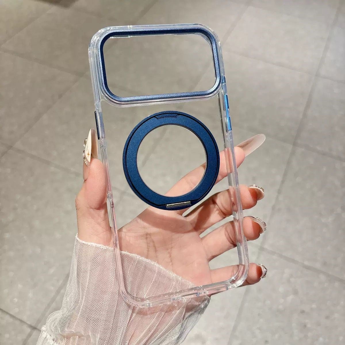 Armor Standlı Premium Sararmaz Şeffaf iPhone Kılıfı Mavi
