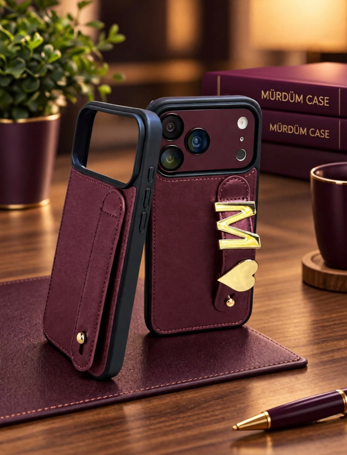 MyPhoneCase Kişiye Özel El Geçmeli Premium Bordo Renk Telefon Kılıfı ve 2 adet metal aksesuar (harf veya sembol)